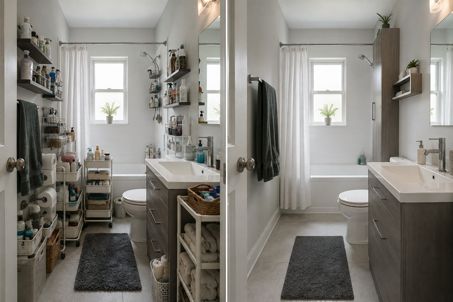 Comparison between scattered floor organizers and a controlled vertical-storage system