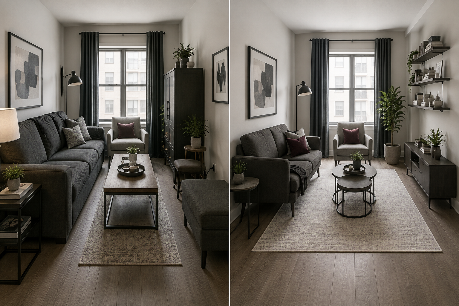 Side-by-side small living-room comparison showing how smaller multifunction furniture and vertical storage improve circulation.