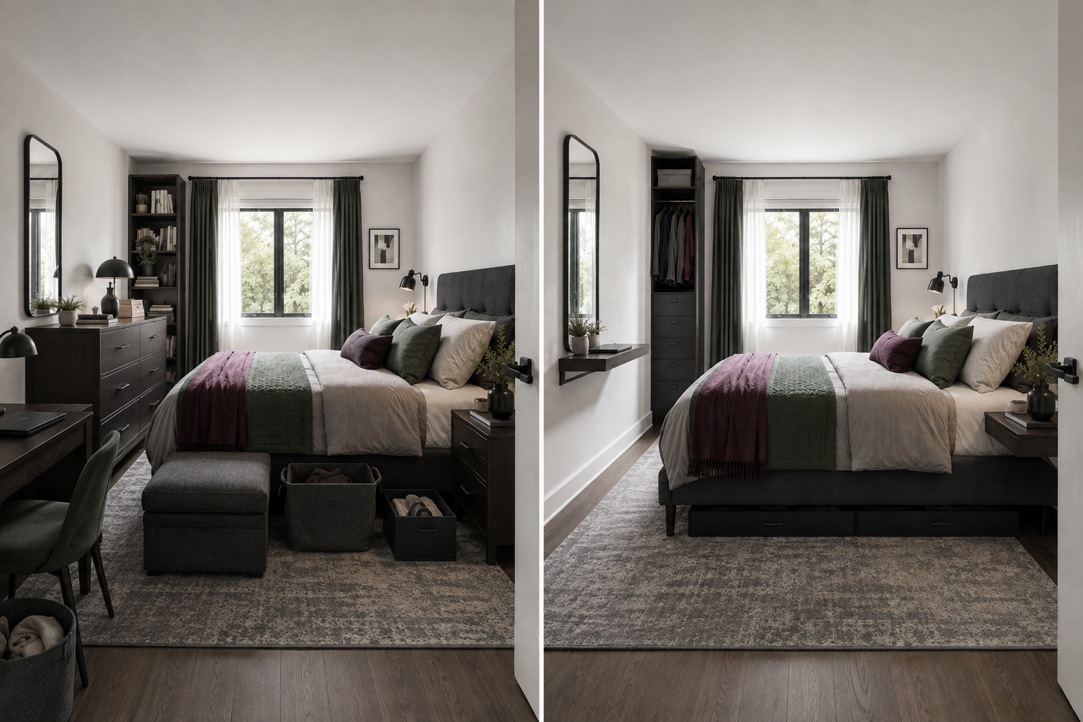 Comparison of bulky floor-consuming bedroom furniture versus vertical, floating and concealed alternatives.