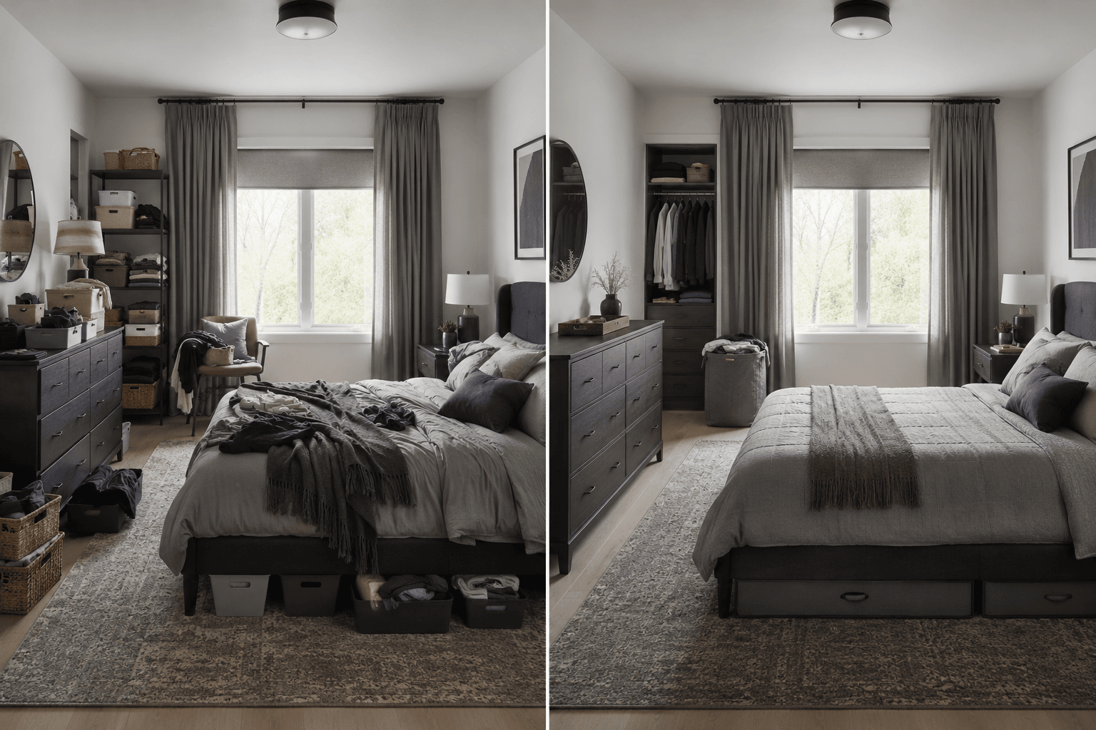 Bedroom Storage - Ravnora Decor Comparison of fragmented bedroom storage versus a coordinated storage system in the same room.