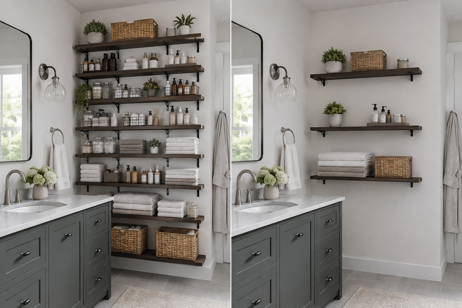 Same bathroom wall comparing excessive shelving with a restrained properly spaced shelf arrangement