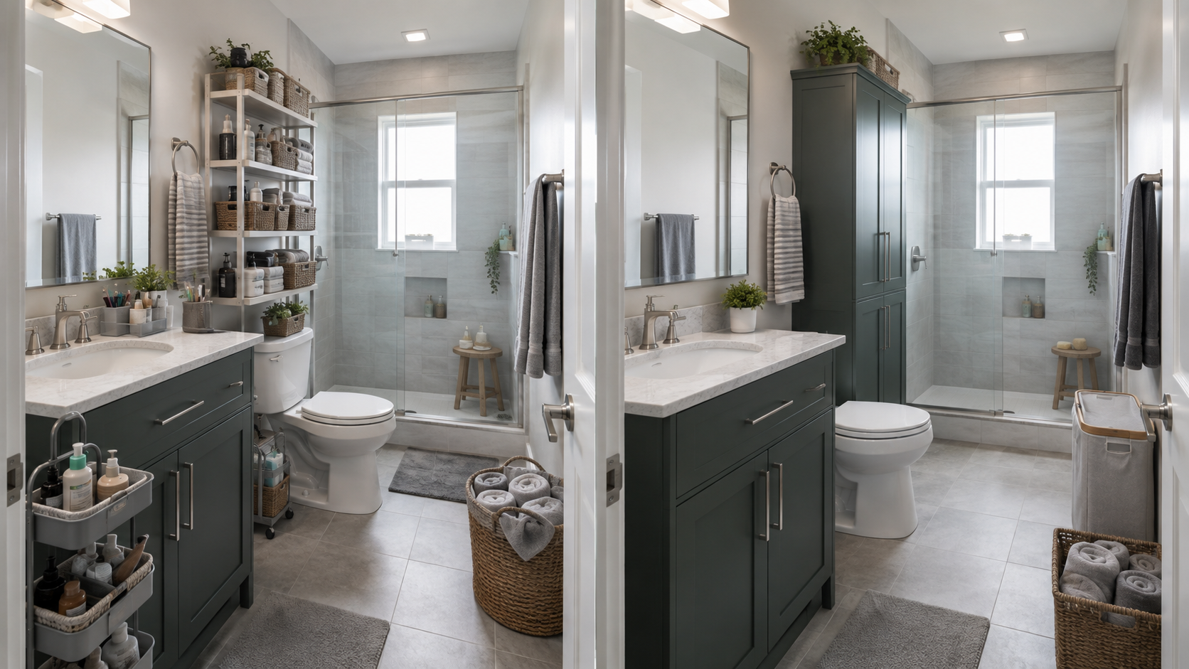 Side-by-side comparison of a bathroom crowded with separate organizers versus the same bathroom using a controlled storage hierarchy.