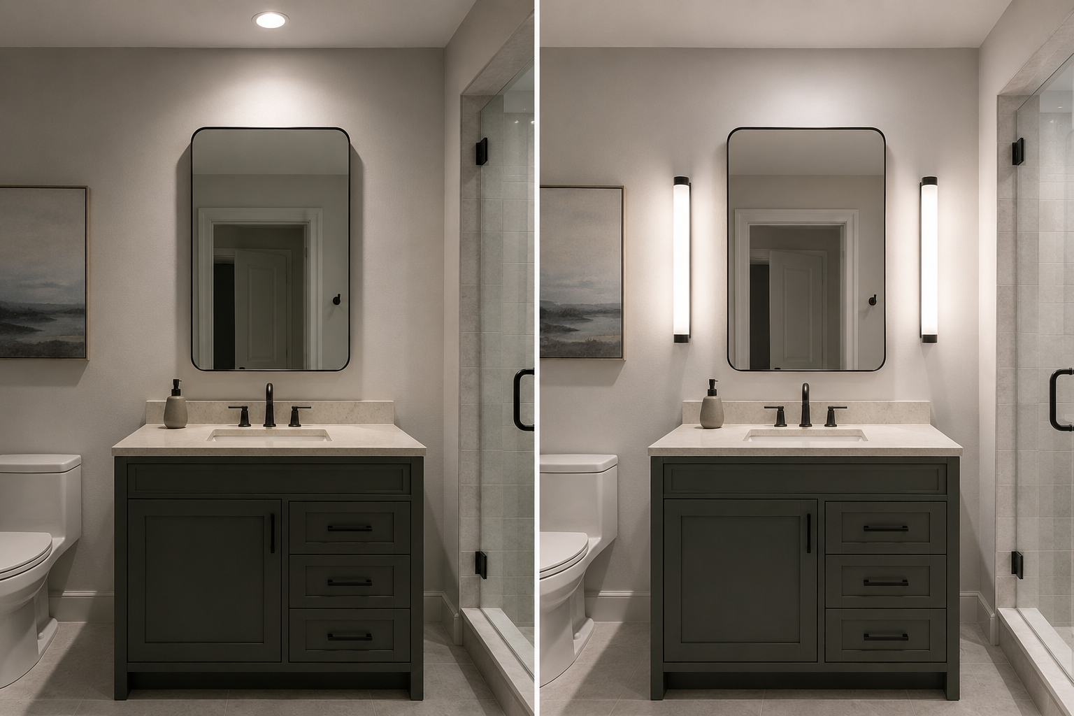 Same bathroom vanity comparing top-down lighting with balanced face-level mirror lighting