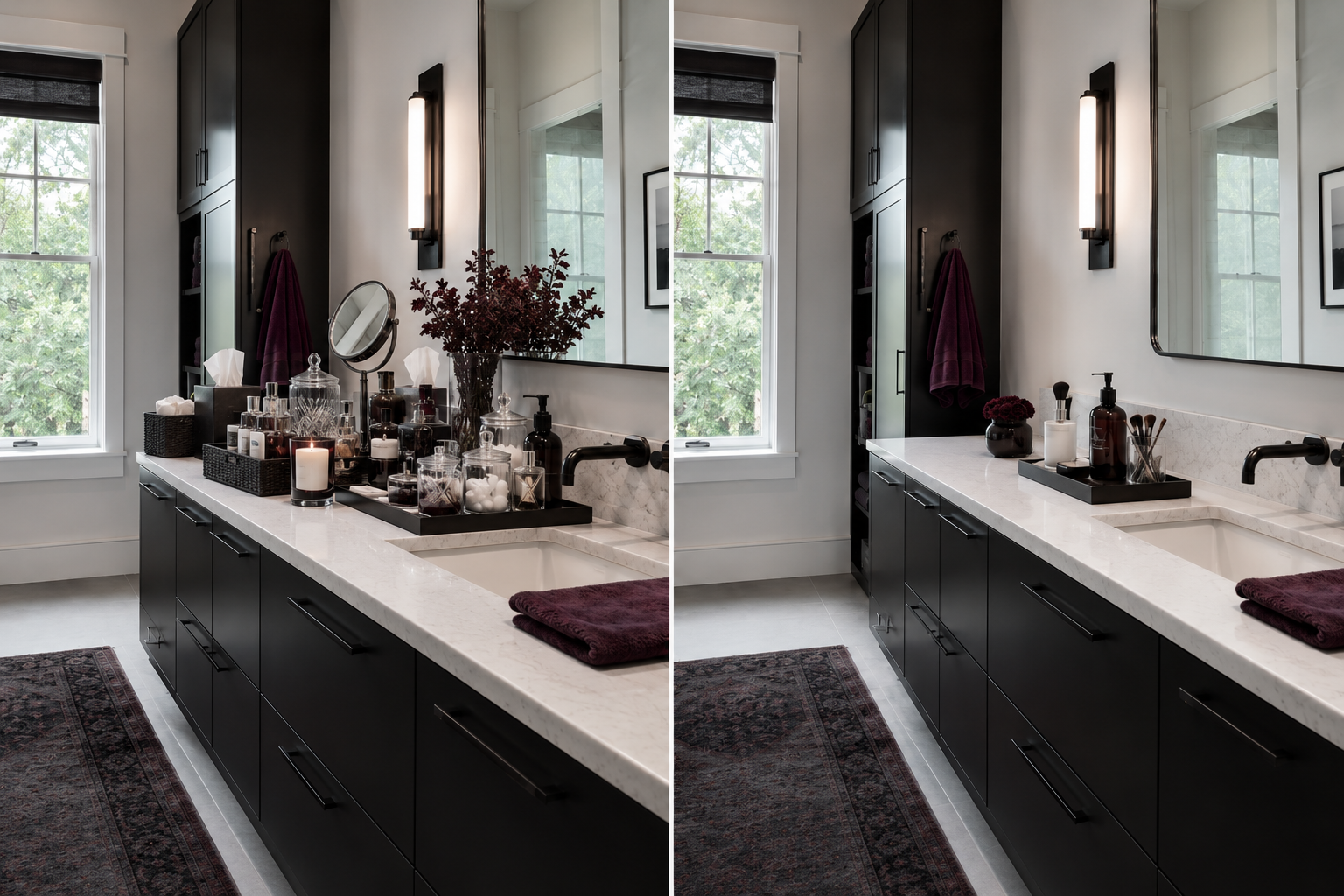 Same bathroom vanity shown overfilled with accessories and with a simpler arrangement preserving working counter space