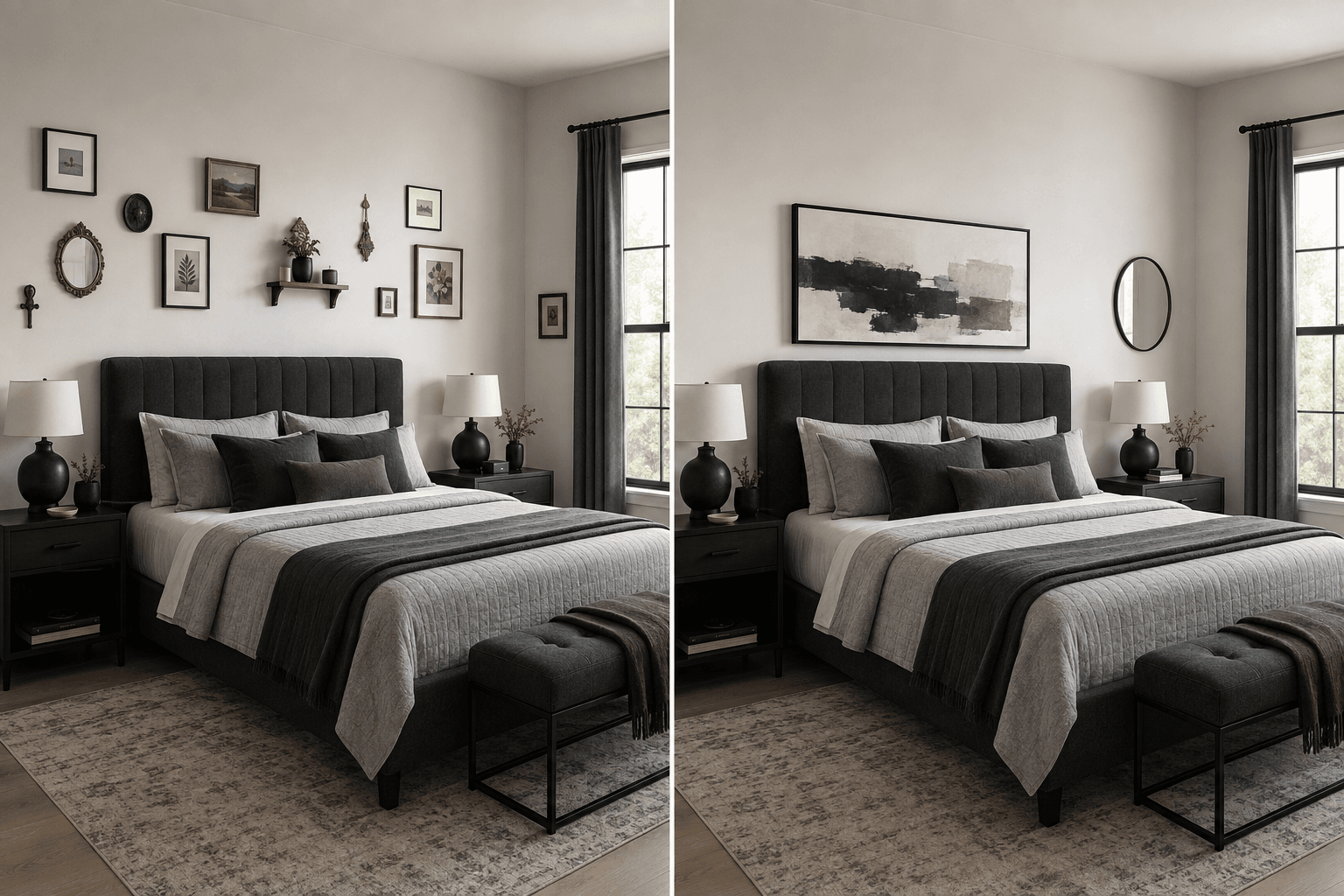 Side-by-side bedroom showing scattered small wall decor compared with one controlled focal wall composition.