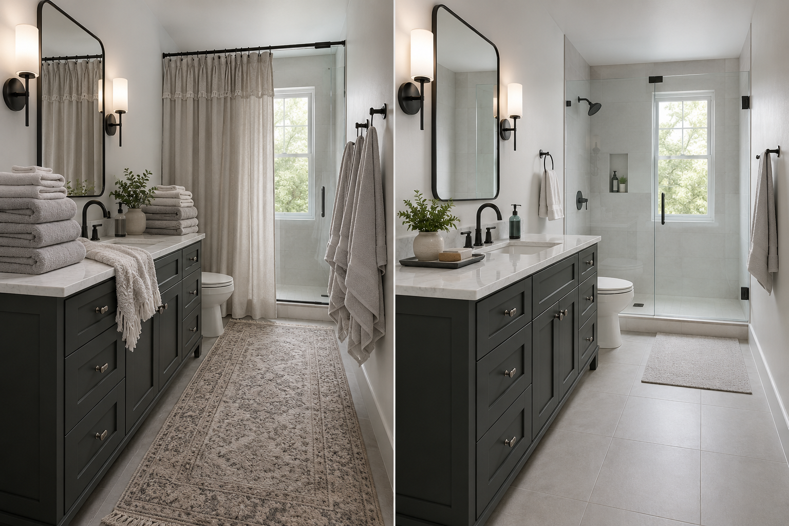 Bathroom textile comparison showing excessive layering versus a simpler functional arrangement.