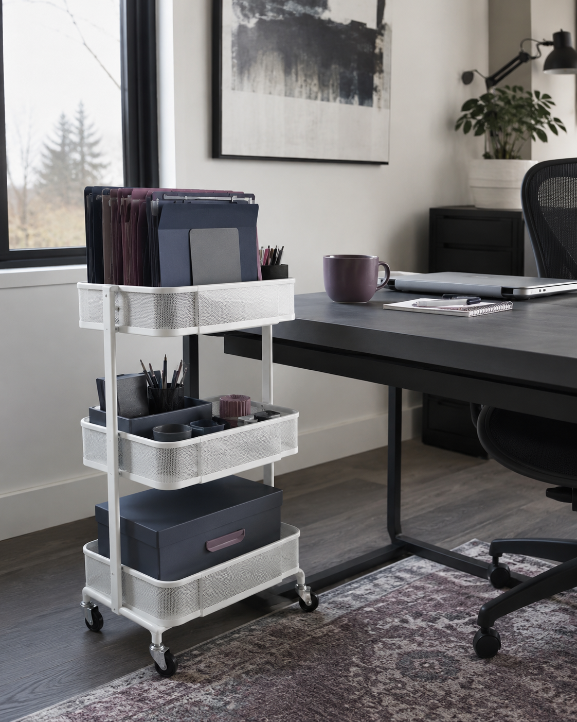 White three-tier rolling cart beside a desk holding active folders and office supplies