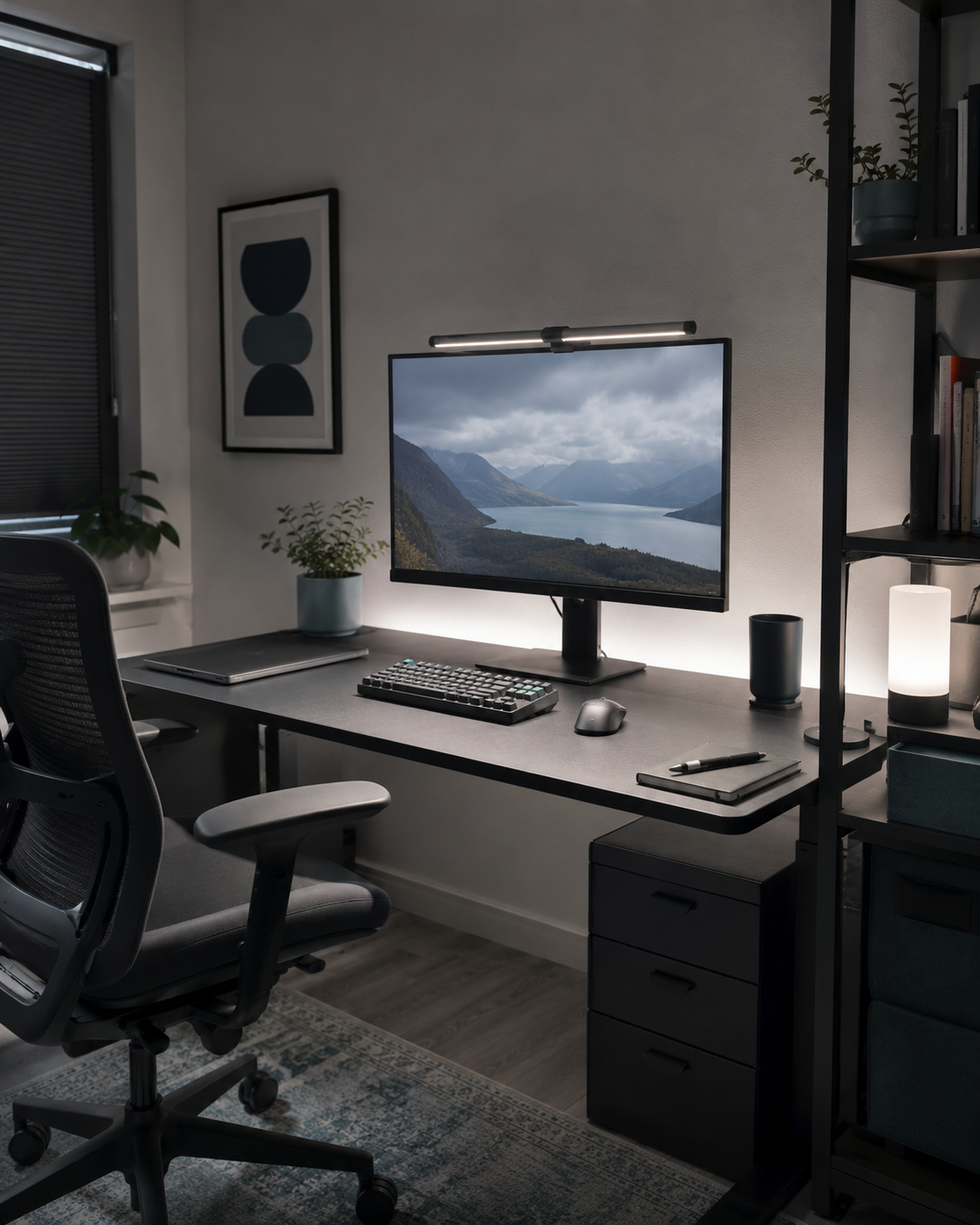 Monitor-focused workspace with screen bar and soft background glow