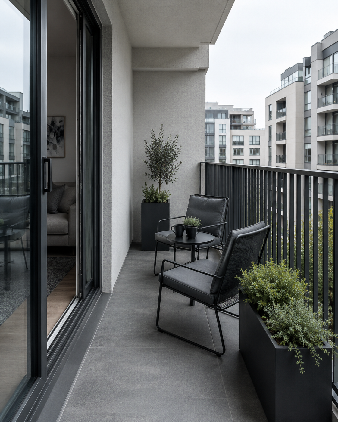 Patio Furniture - Ravnora Decor Two-seat coffee setup on a narrow modern balcony with a clear route beside the compact table and chairs.