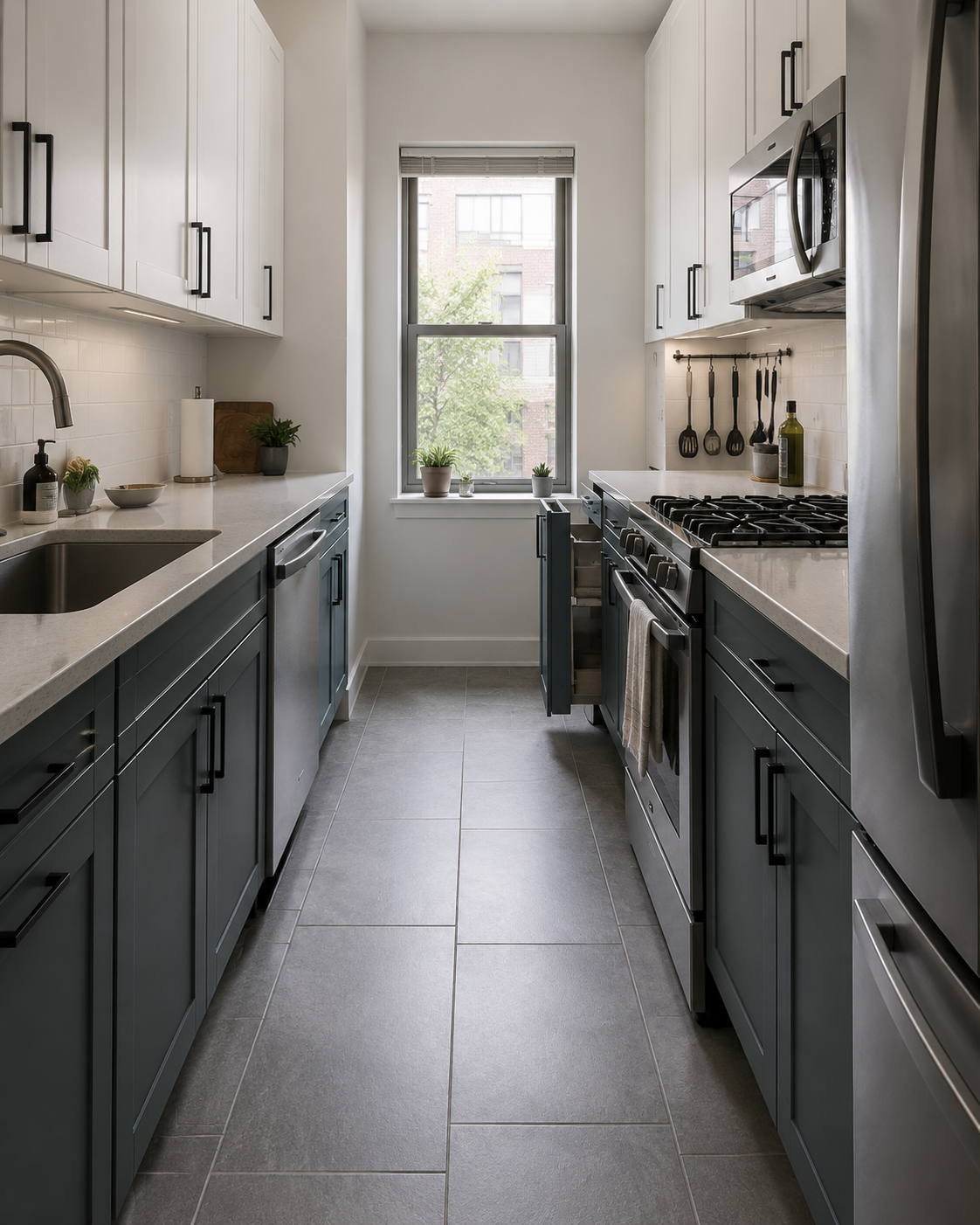 Narrow modern galley kitchen with a protected central walking path