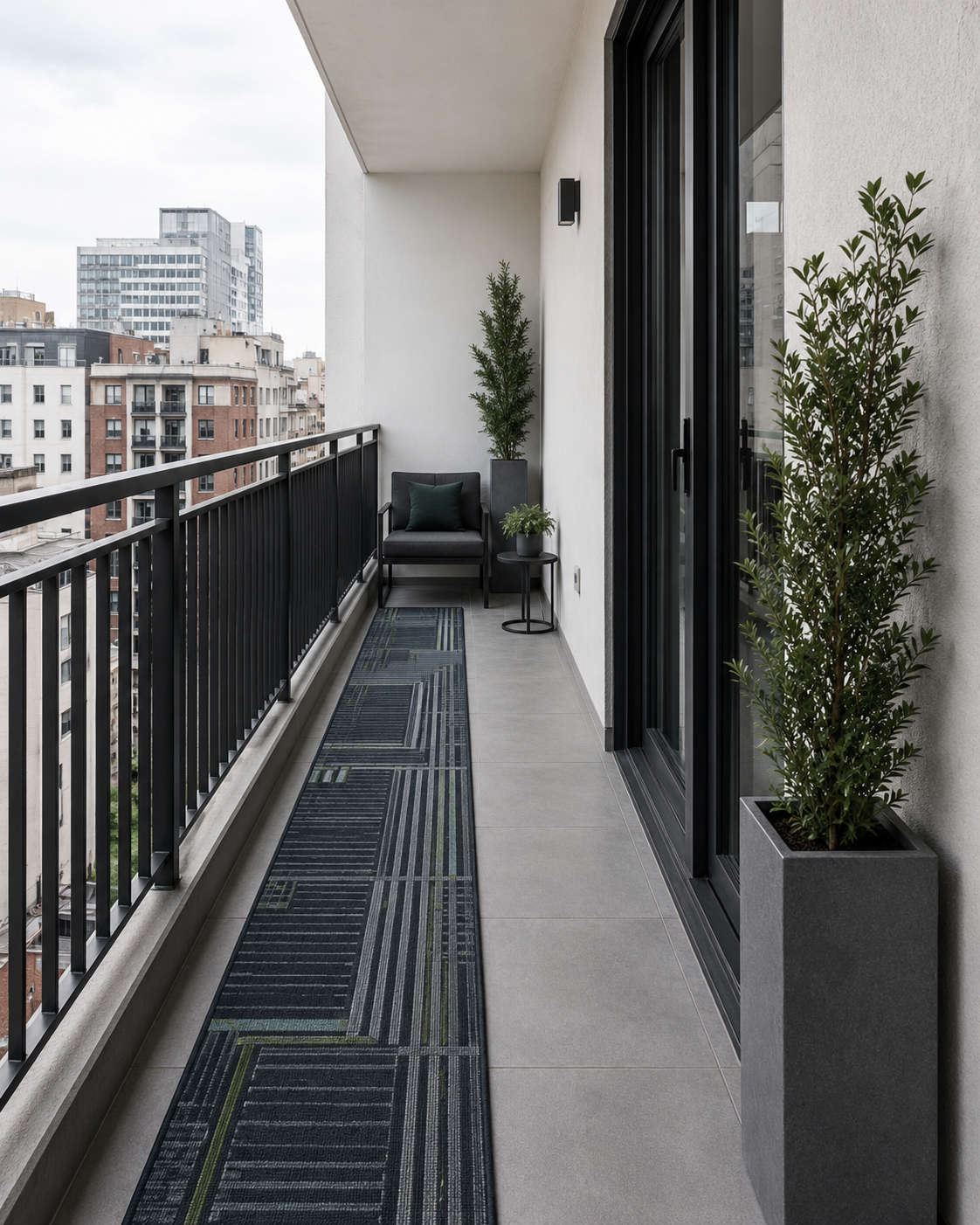 Long narrow modern balcony using a cool-toned outdoor runner while keeping a clear walking lane