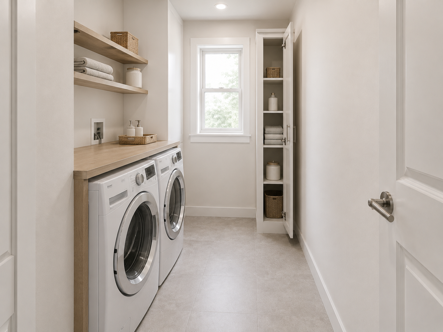 Narrow laundry room with shallow wall shelves, side-by-side appliances and a tall slim cabinet beside a clear walkway.
