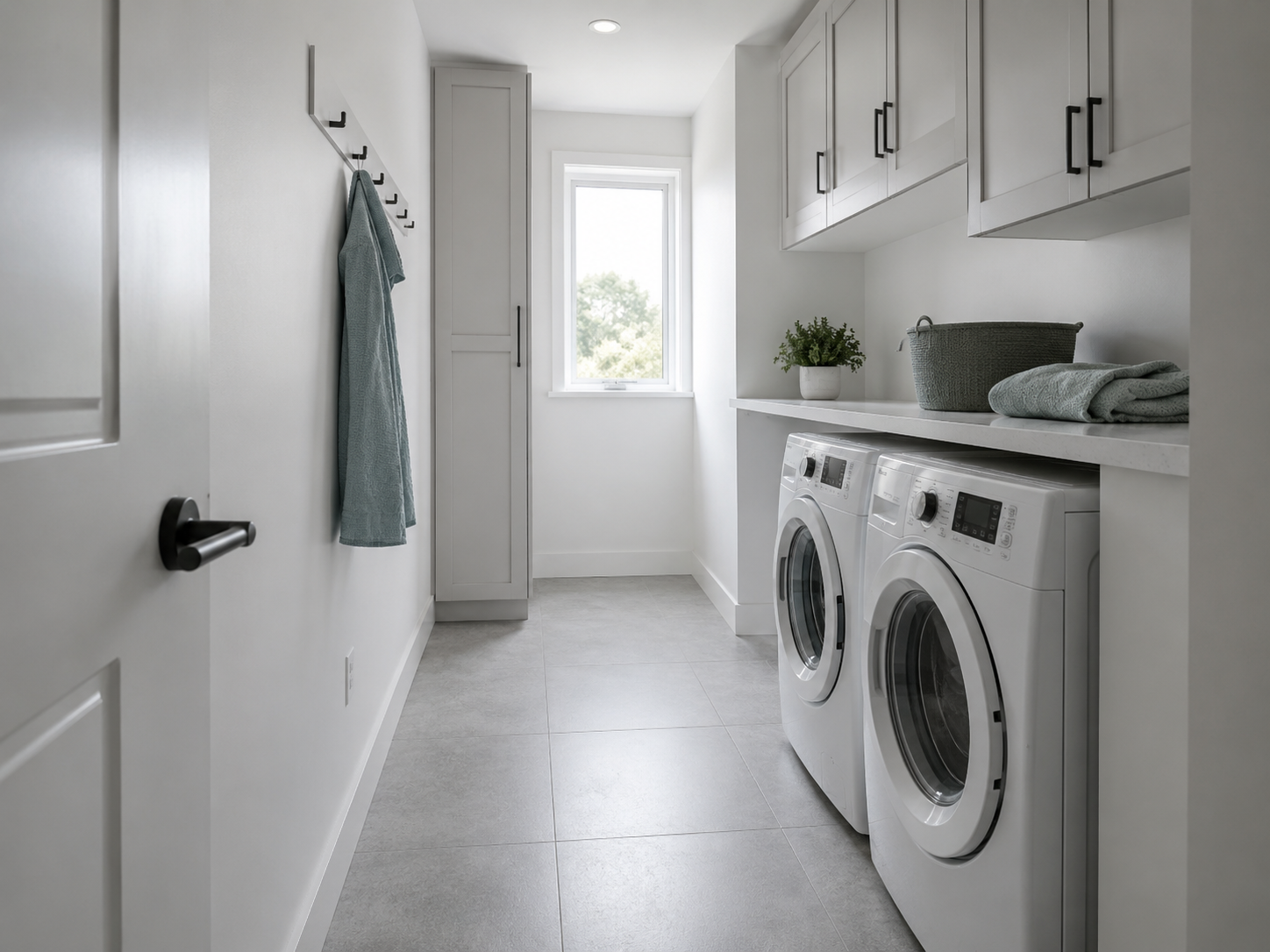 Small Laundry Room Solutions - Ravnora Decor Narrow galley laundry room with appliances and shallow storage on one side and a clear central walkway.