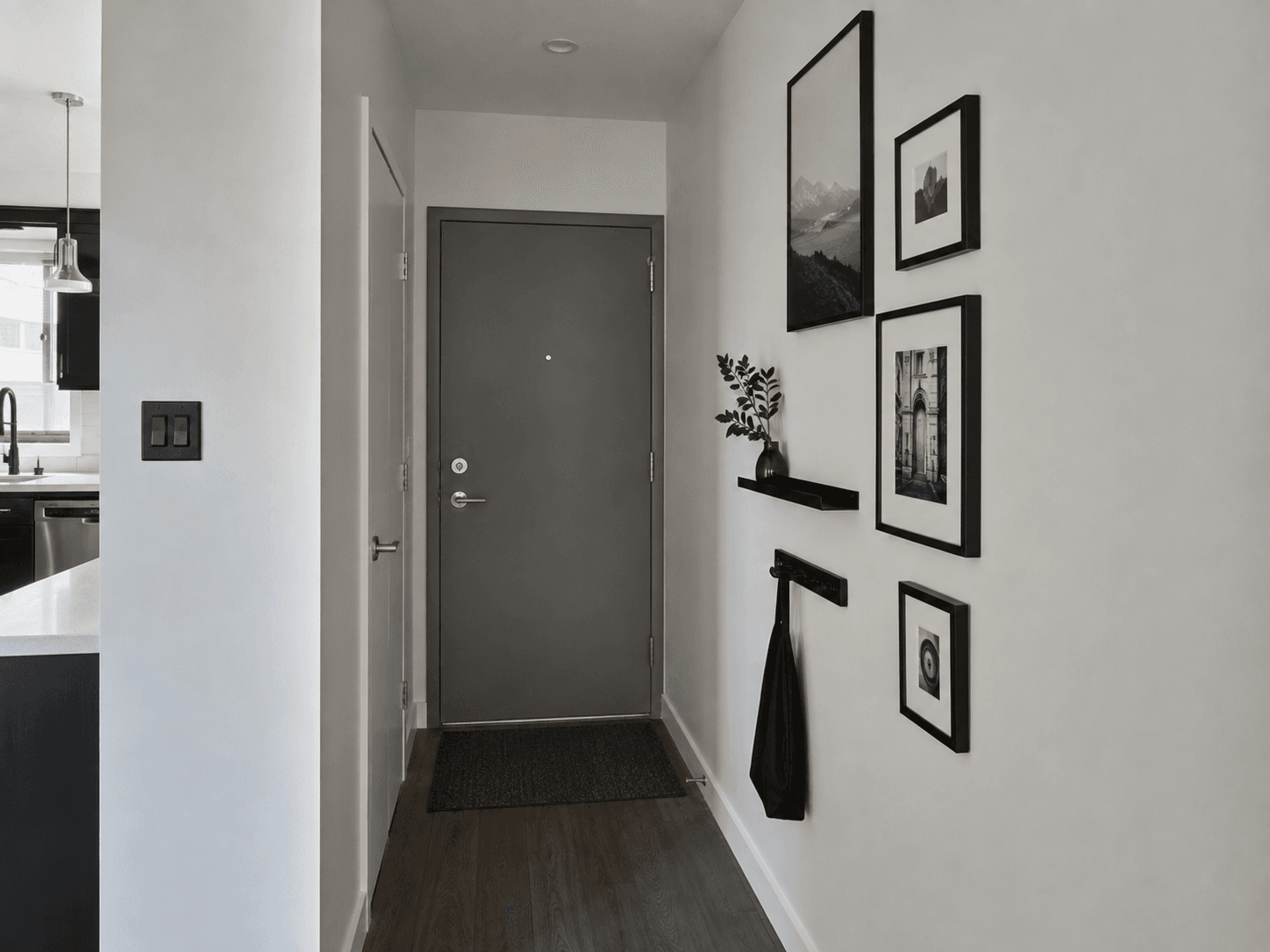 Narrow entryway with a vertical gallery composition, a shallow display ledge and compact wall hooks