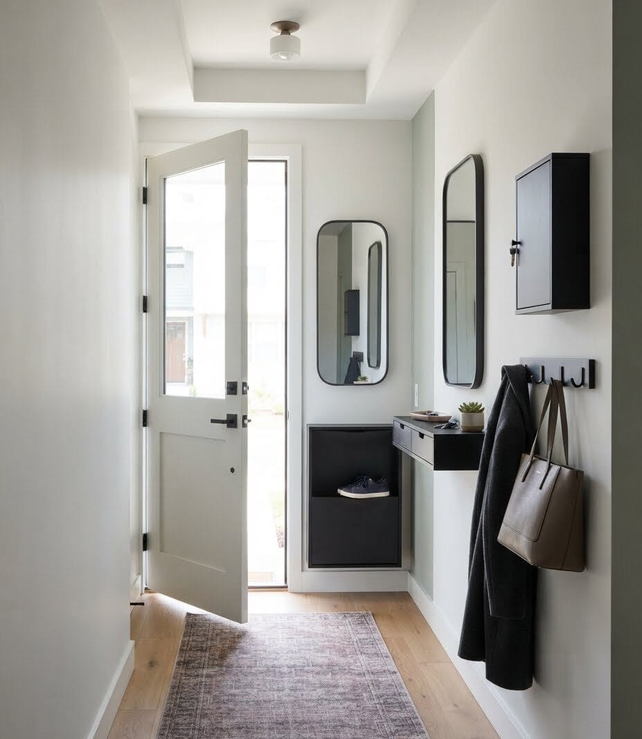 Narrow apartment entryway with wall hooks, shallow landing surfaces and a clear center path