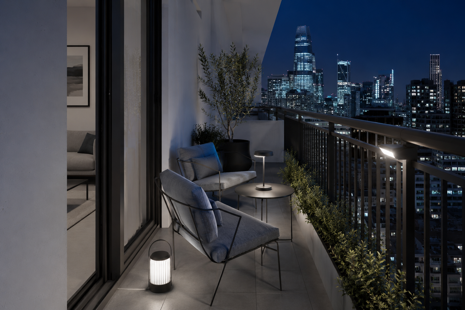 Cool modern apartment balcony using solar and rechargeable lighting without a visible outdoor outlet.