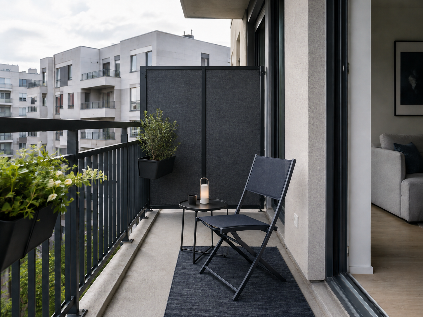 Small Balcony Solutions - Ravnora Decor One-person small balcony retreat with a single folding chair, compact side table, privacy edge and clear walking space.