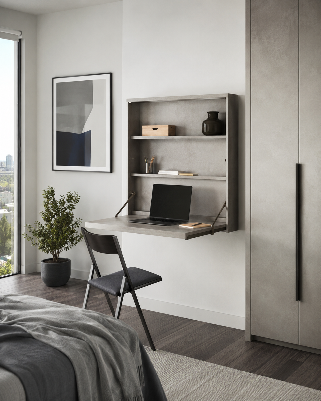 Compact fold-away workstation integrated into a shared residential room.