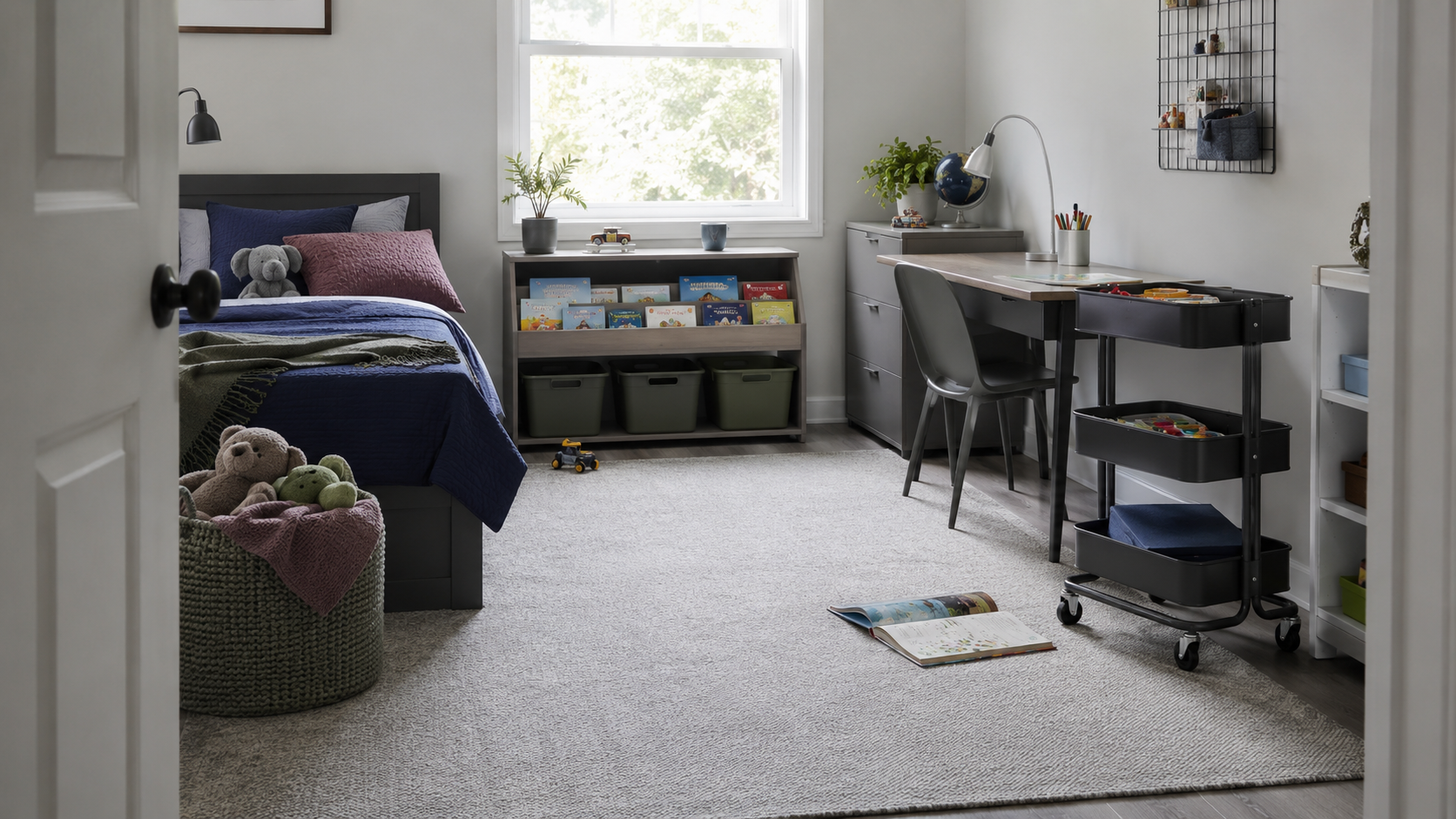 Kids Room Storage - Ravnora Decor Finished kids room with a clear floor, visible books, quiet storage and a parked rolling cart.