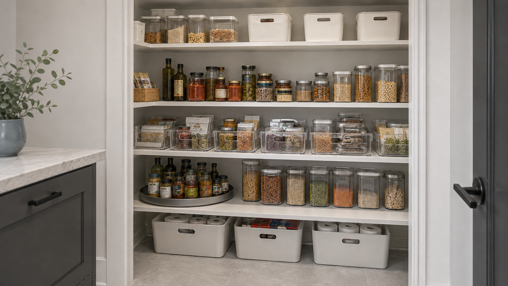 Kitchen Pantry Organization - Ravnora Decor Wide pantry shelf demonstrating visible reach, pull-forward, rotating and reserve storage positions.