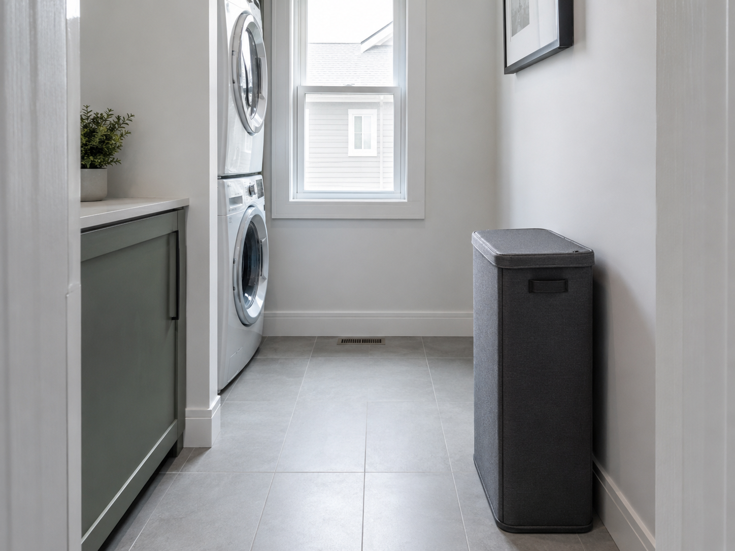 Laundry Hampers - Ravnora Decor Tall slim single laundry hamper using a free wall without blocking the laundry route.