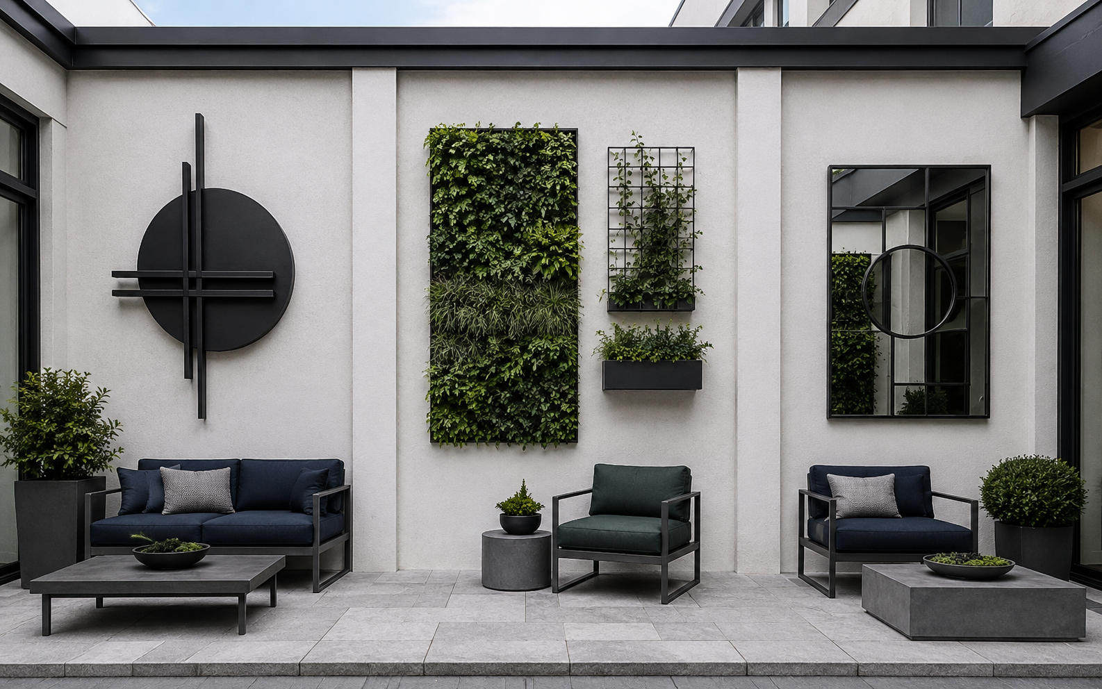 One patio wall shown in three directions: sculptural art, green wall treatment, and a quiet architectural mirror or panel direction.