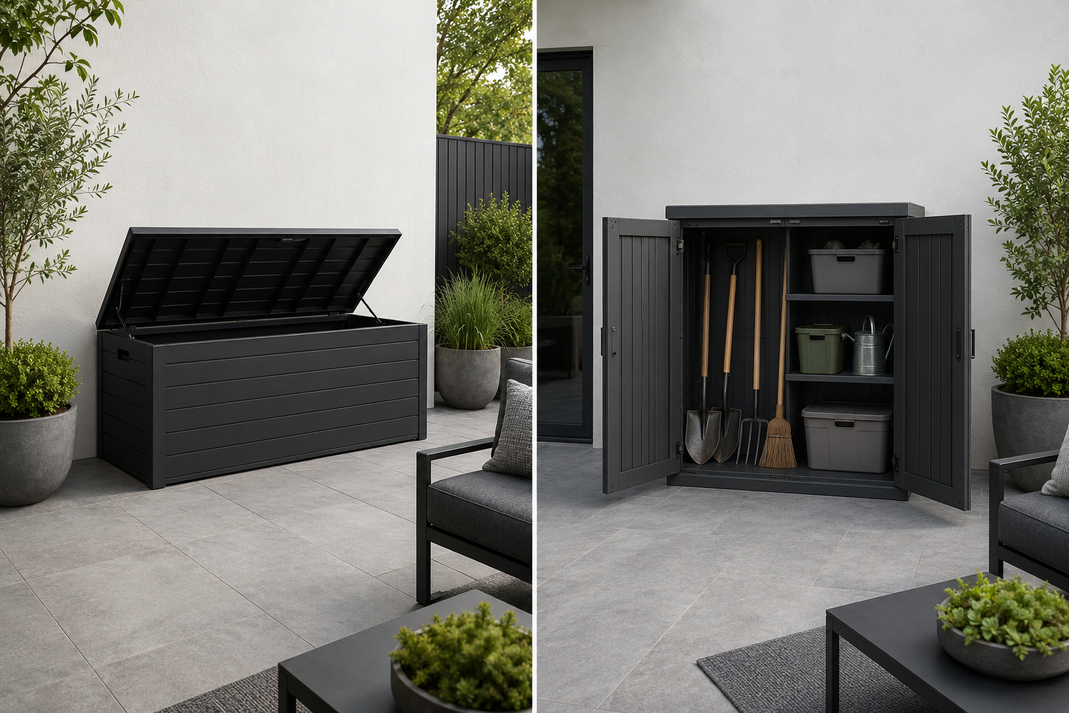Outdoor deck box with its lid open beside a front-opening cabinet, showing the different clearance each storage type requires.