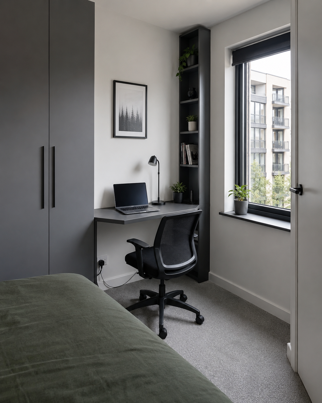 Micro-office shown across open, working and reset states in a shared room.