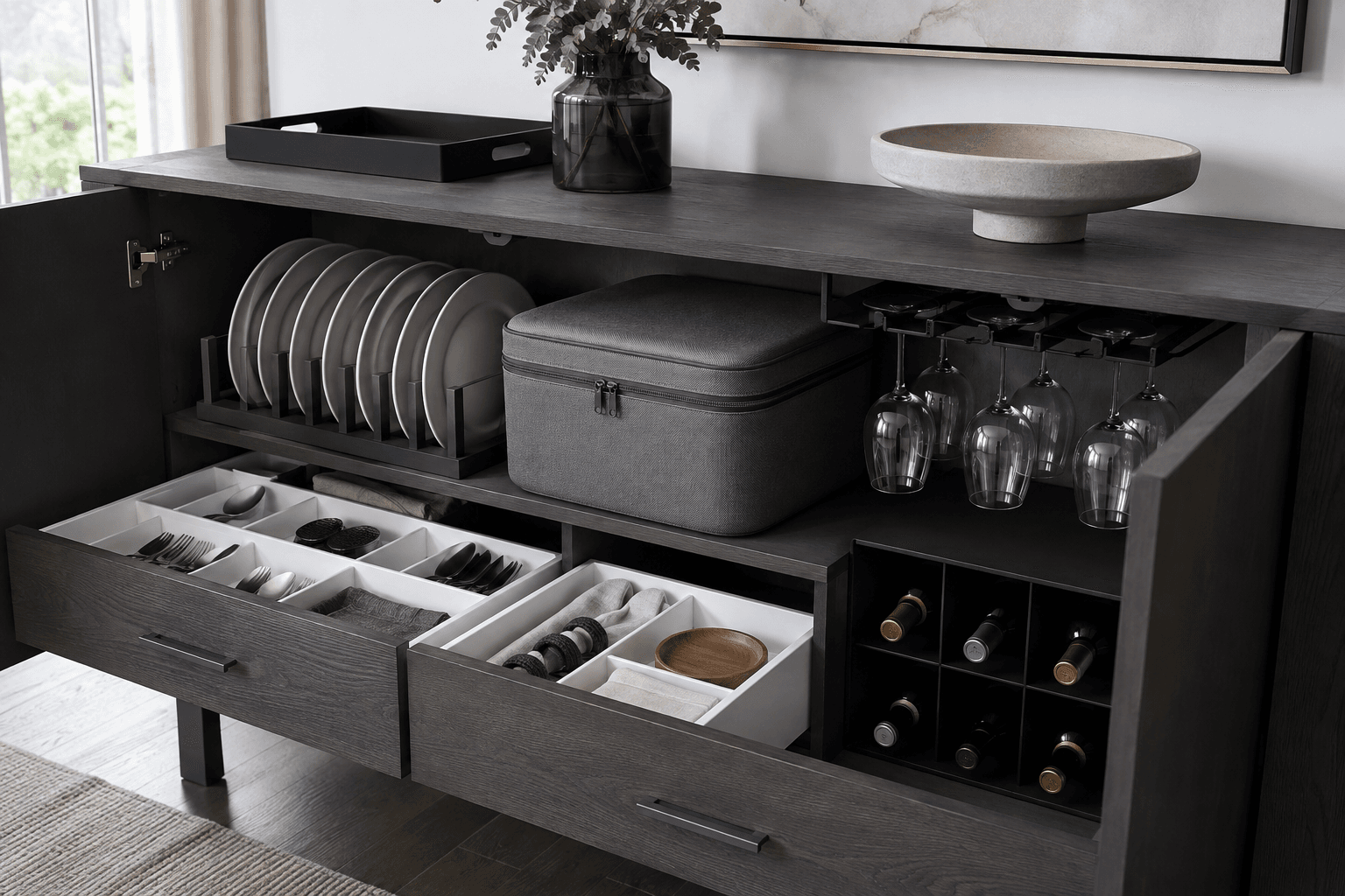 Dining sideboard organized with plate, stemware, drawer and dinnerware storage solutions