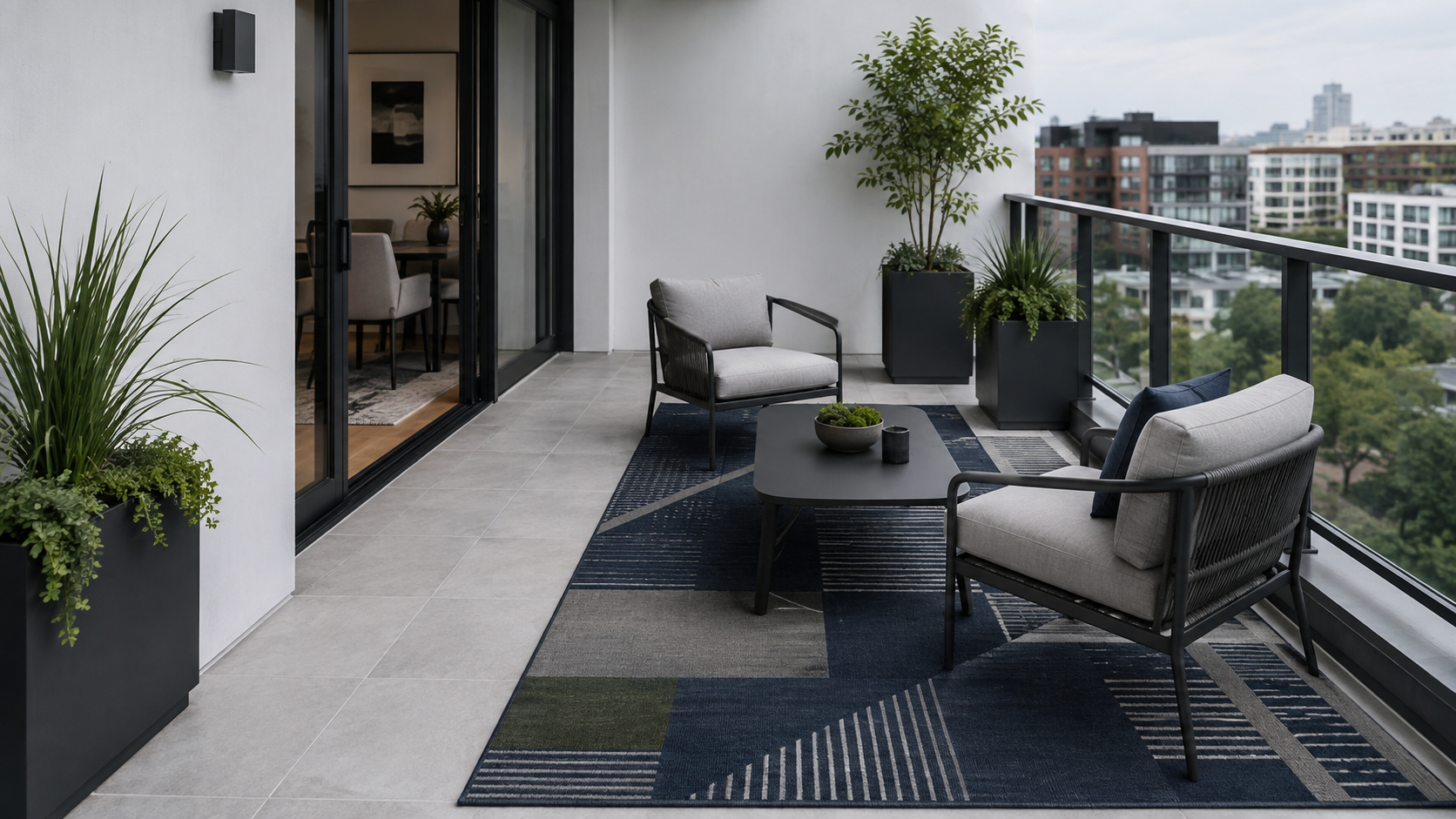 Contemporary balcony with a cool-toned outdoor rug grounding modern lounge seating while leaving the doorway and walking route open