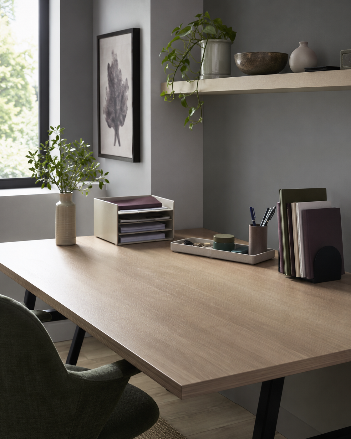 Home Office Desk Accessories - Ravnora Decor Creative home office desk with controlled active paper, upright references and an open central writing area.