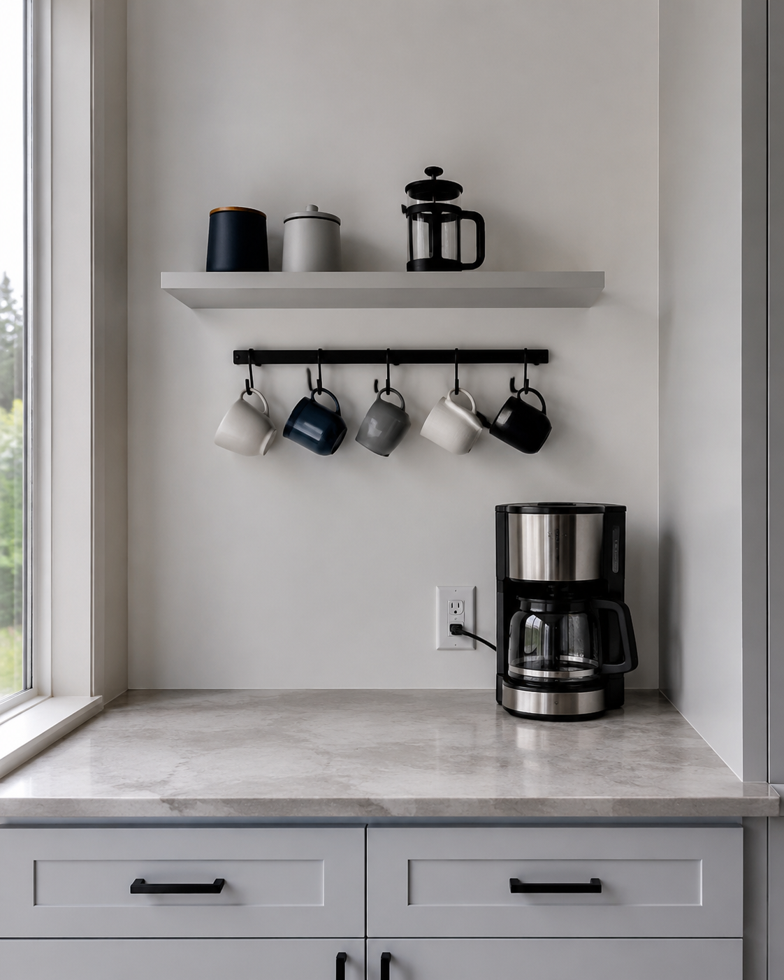 Compact beverage station with wall-mounted mug storage and a shallow shelf above a clear coffee counter