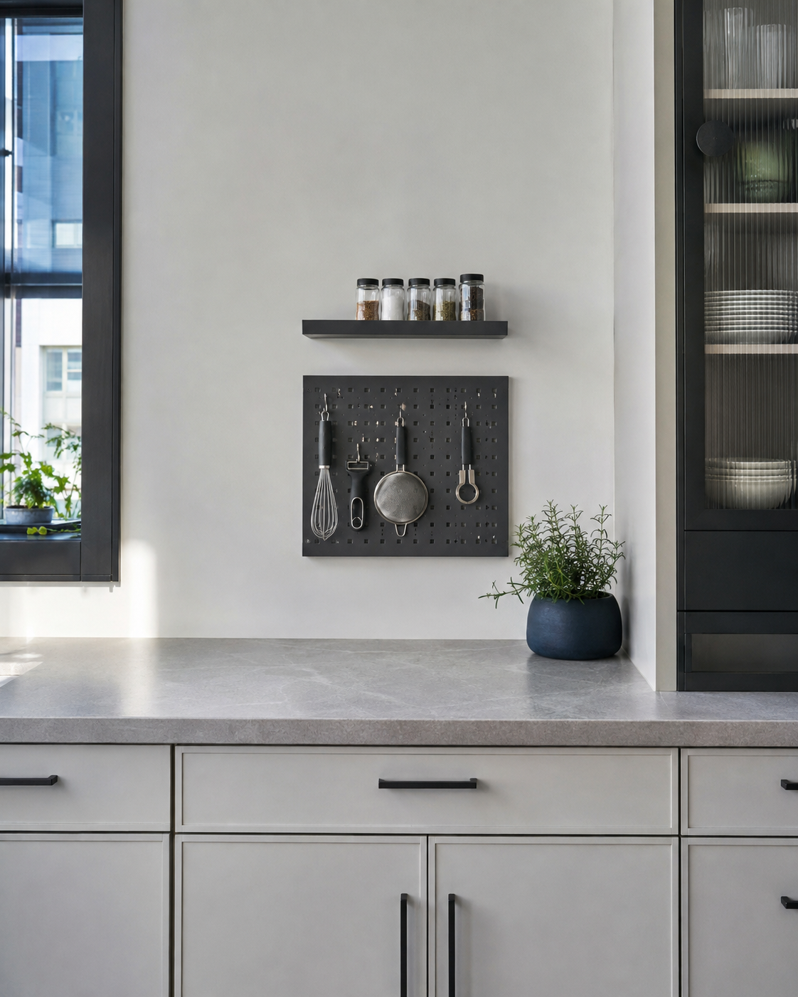 Compact kitchen prep wall with shallow spice storage and modular organizers above a clear worktop