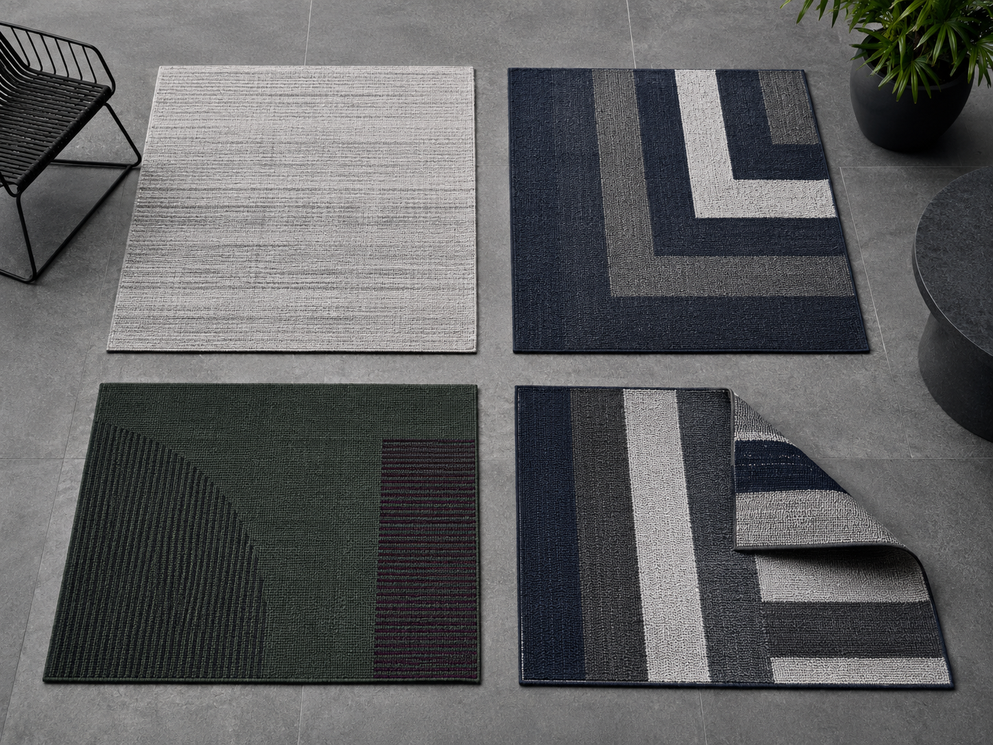 Outdoor rug field guide comparing quiet texture, graphic geometry, deep color and flexible patterned directions