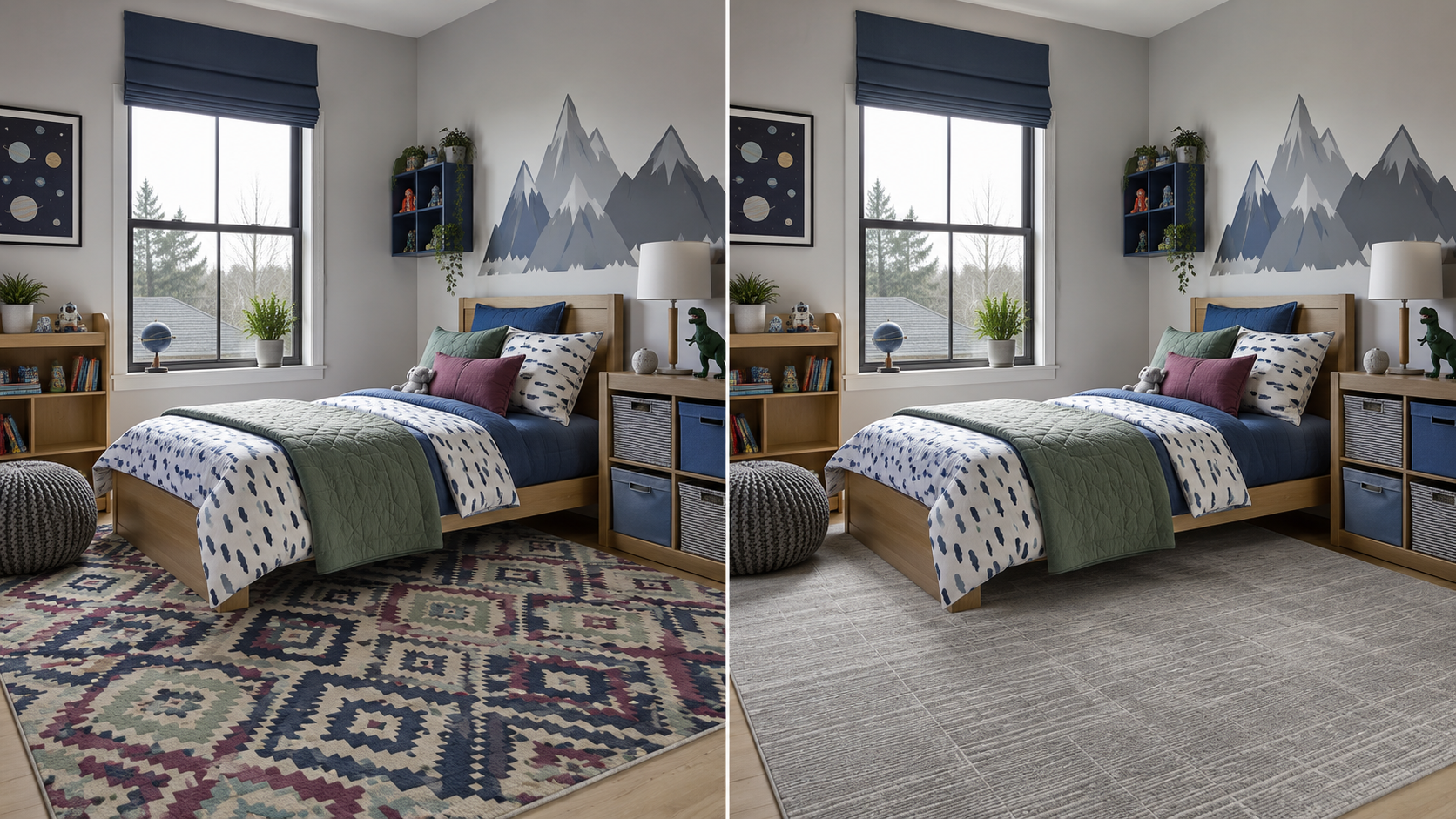 Side-by-side kids bedroom comparison showing a busy competing rug versus a calmer rug that balances existing room patterns