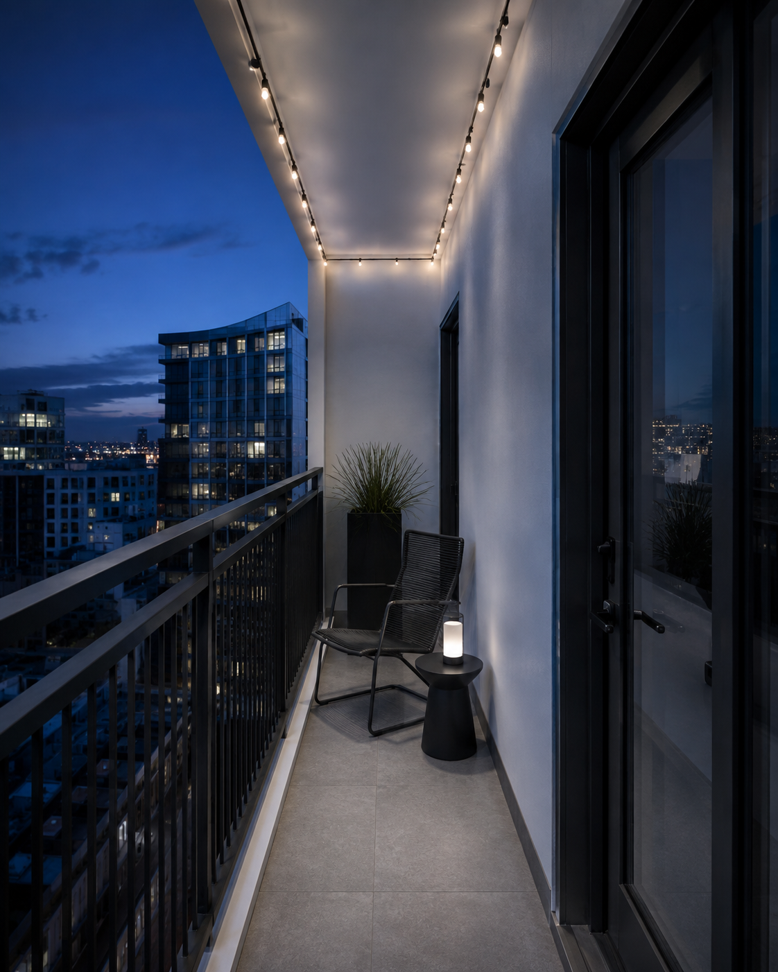 Narrow modern balcony with a restrained perimeter lighting layer above compact seating.