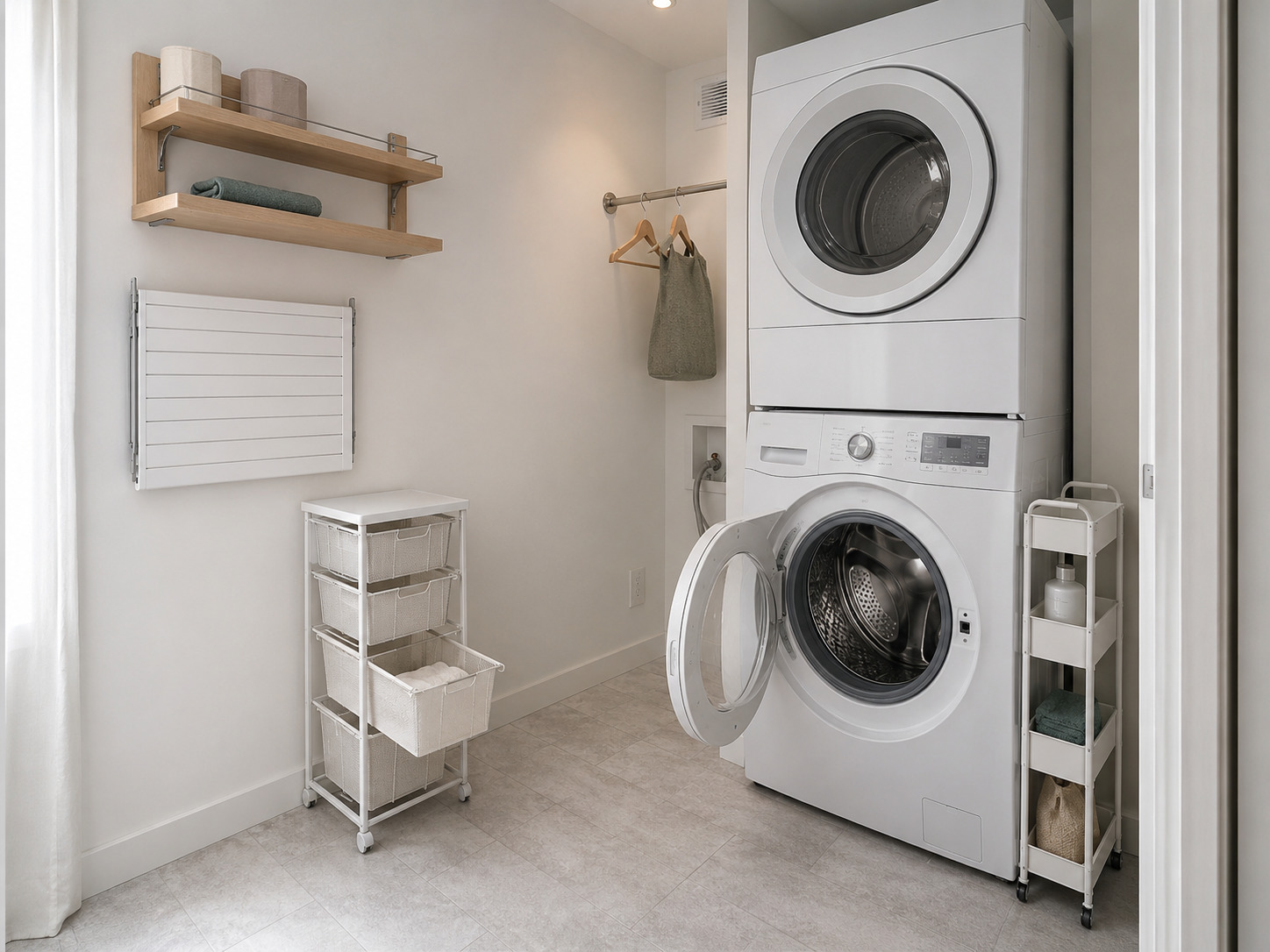 Stacked washer and dryer with a narrow side-gap cart, shallow wall shelves, pull-out basket storage and a folded drying rack.