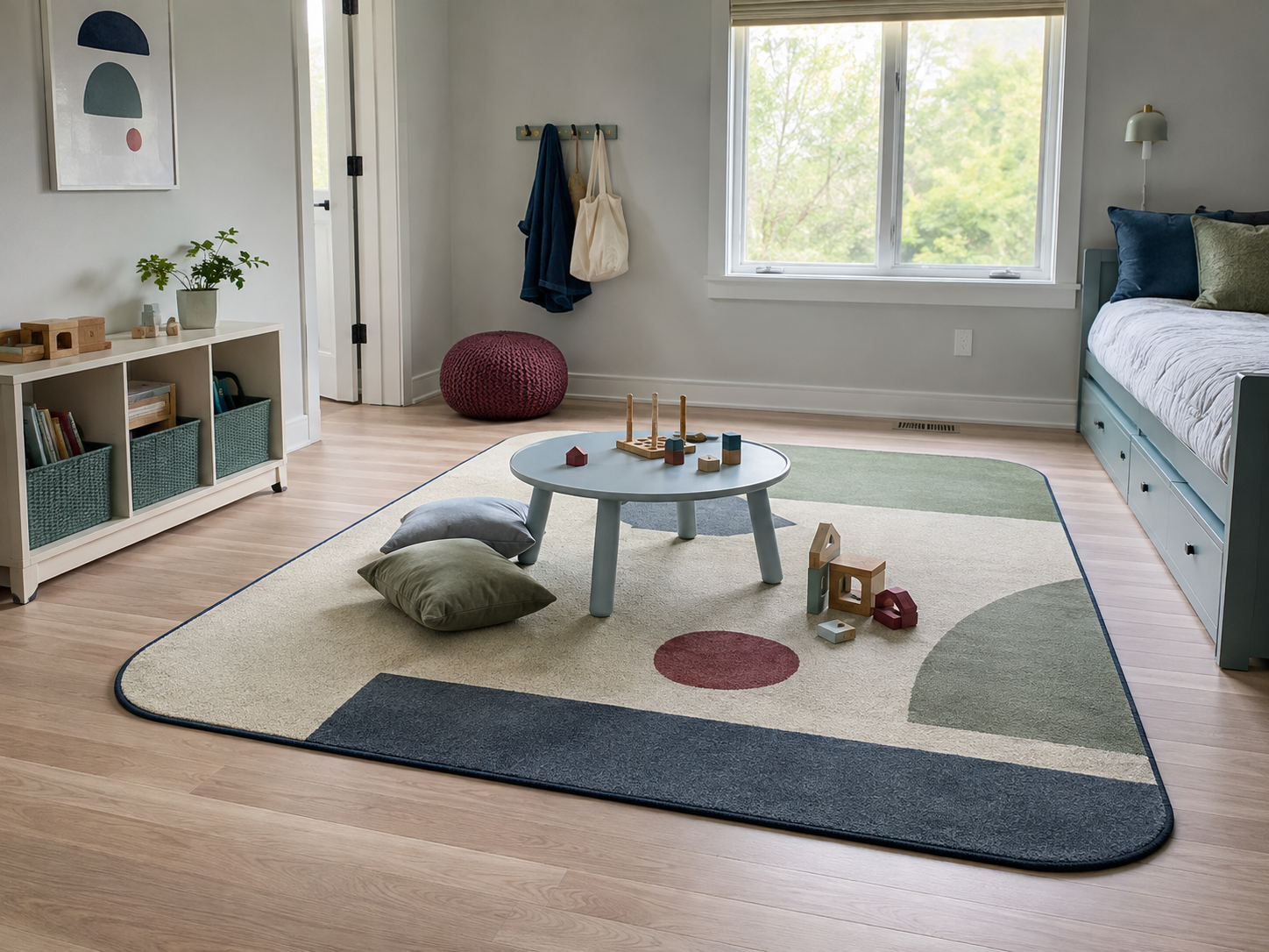 Modern kids room where one rug clearly defines a contained open-floor play zone
