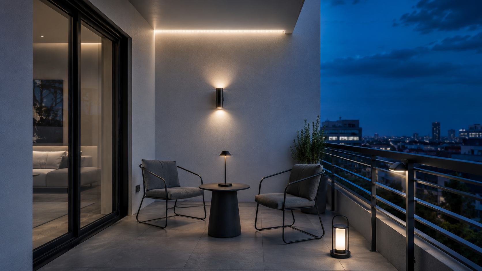 Contemporary balcony showing overhead, wall, railing, table and floor positions for different lighting sources.