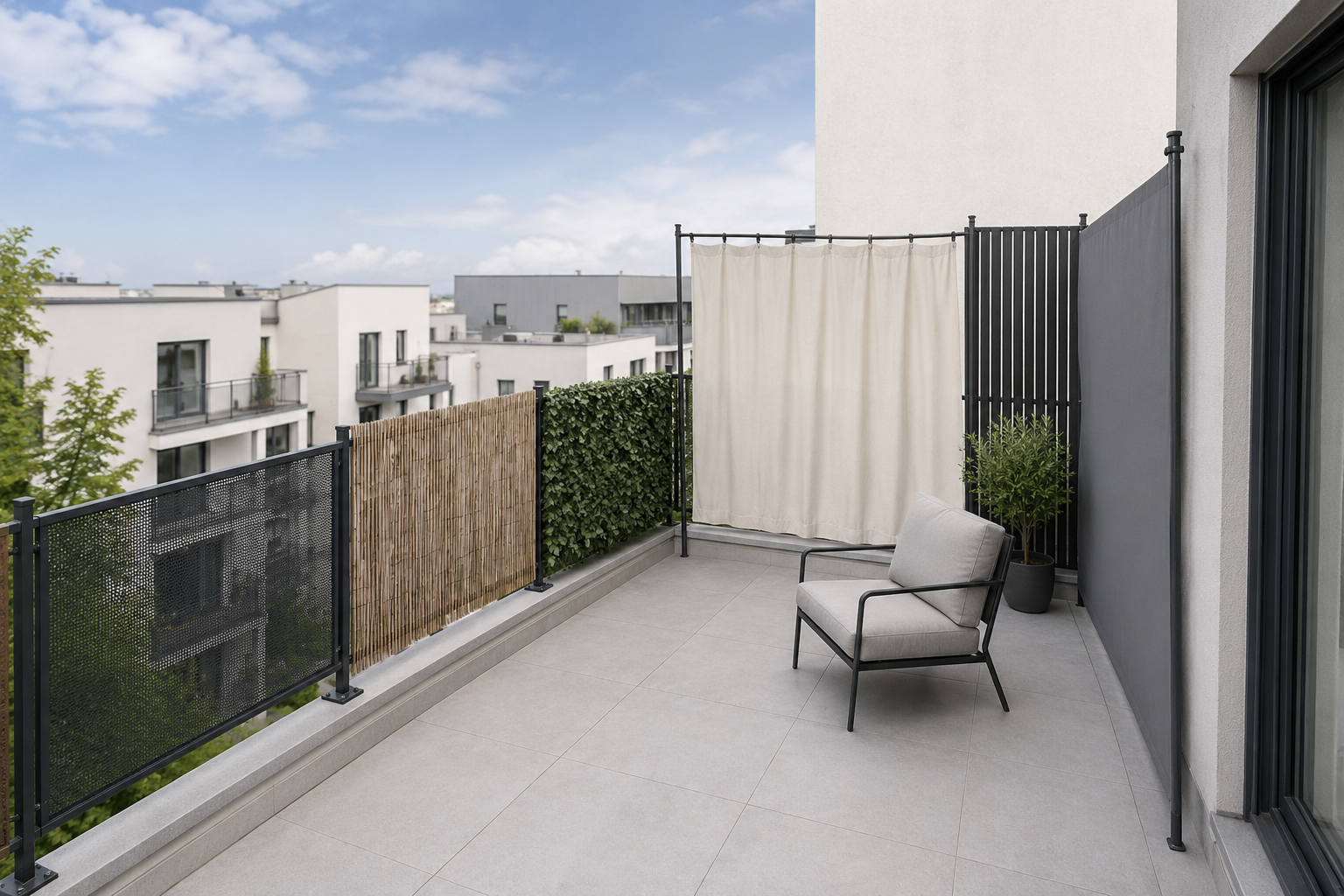 Balcony comparison showing privacy treatments from open lower railing screens to full-height structured side boundaries.