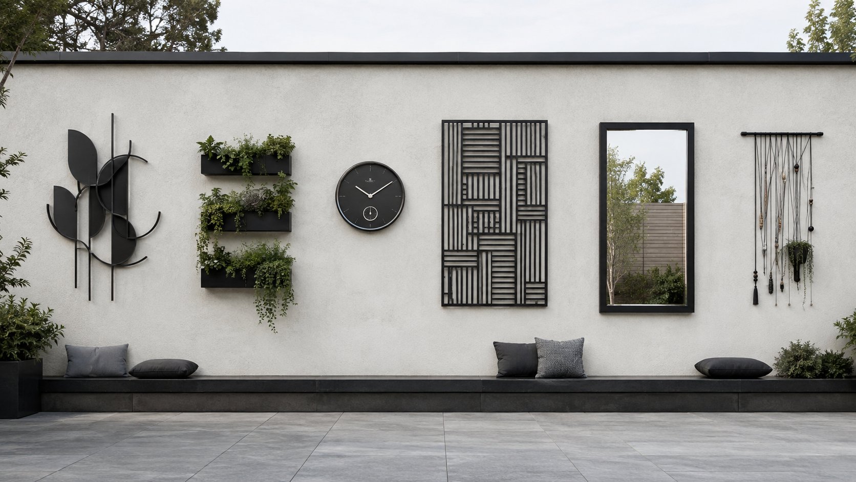 Patio wall elevation comparing sculptural wall art, greenery, a functional accent, decorative panel, outdoor mirror, and hanging display accent.