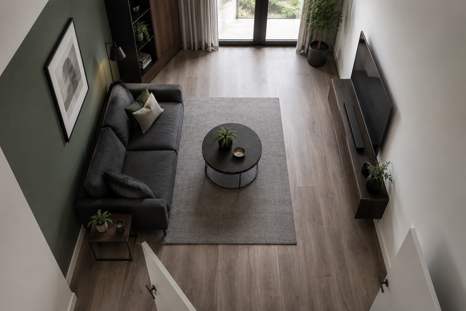 Overhead compact living-room layout showing an unobstructed circulation path around properly scaled furniture.