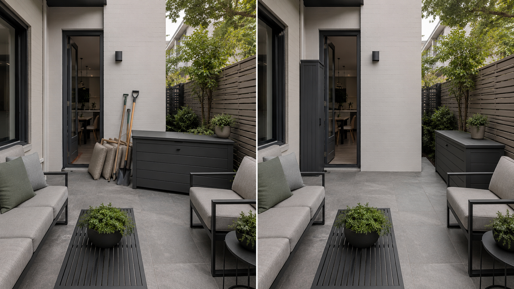 Patio comparison showing storage blocking the doorway before being moved to the perimeter to restore a clear walking path.