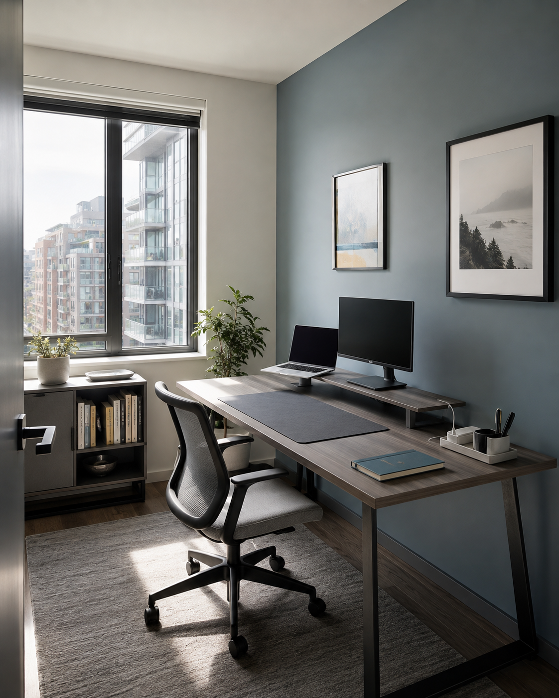Home Office Desk Accessories - Ravnora Decor Quiet focused home office desk with a lifted display, defined work surface and restrained visible organization.