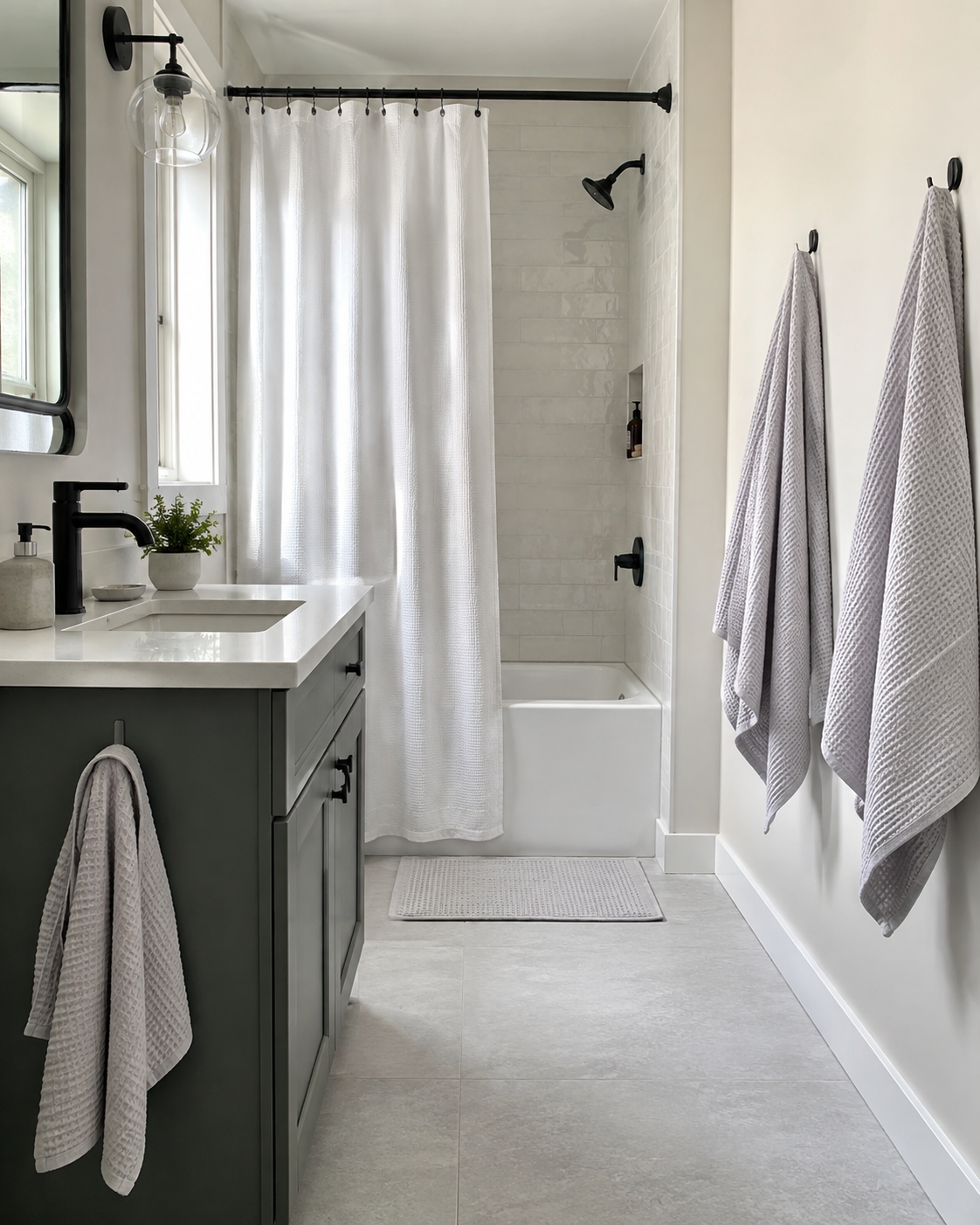 Fast-dry bathroom route using lightweight waffle towels and a restrained floor textile.