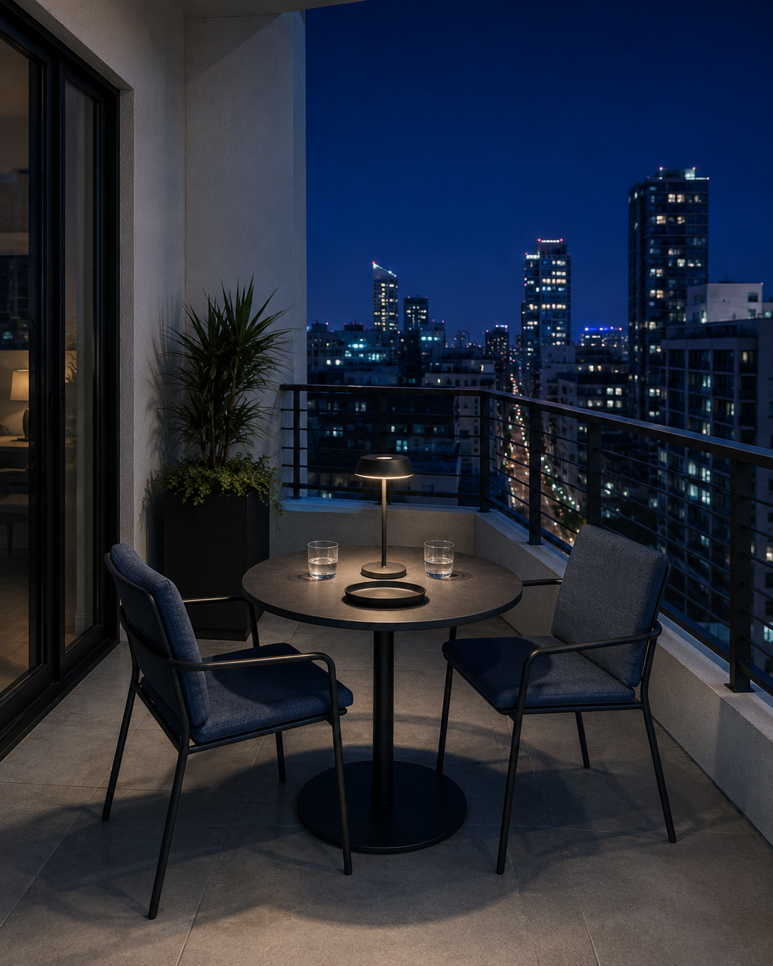 Modern balcony table illuminated by a focused cordless table lamp against a cool blue evening city view.