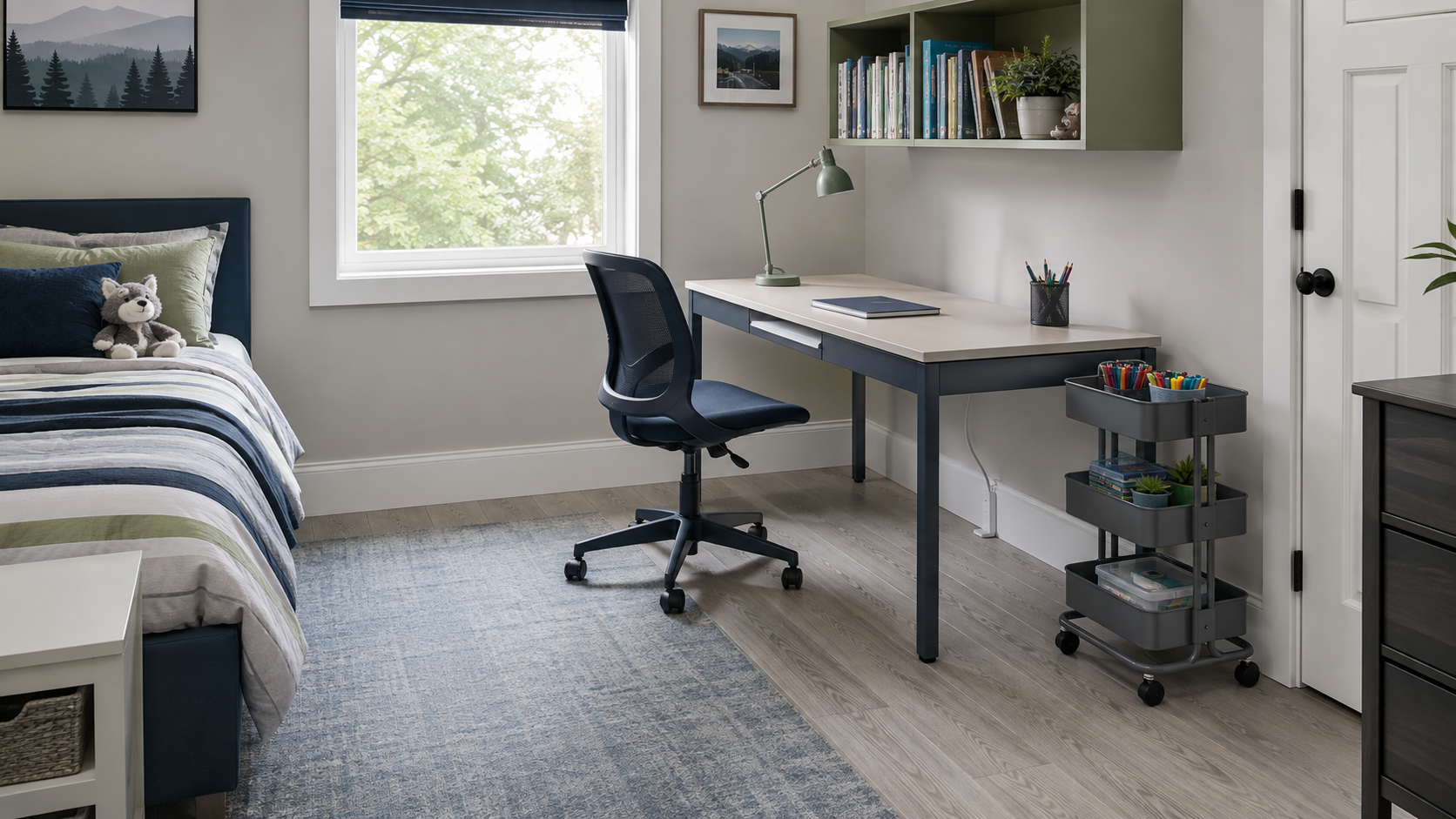 Reset kids study corner with a clear desktop, open chair path, stored supplies and neatly routed cables.