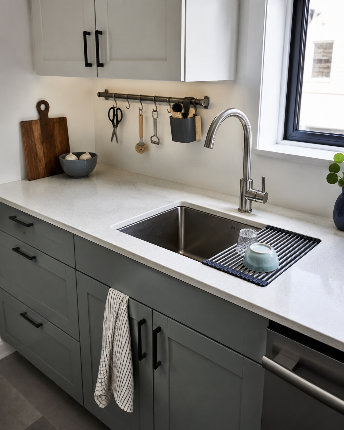 Compact kitchen sink zone with an open prep counter and drying shifted into the sink footprint