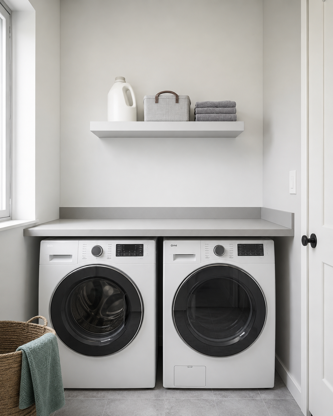 Compact laundry room with one shallow working shelf above a clear folding counter.