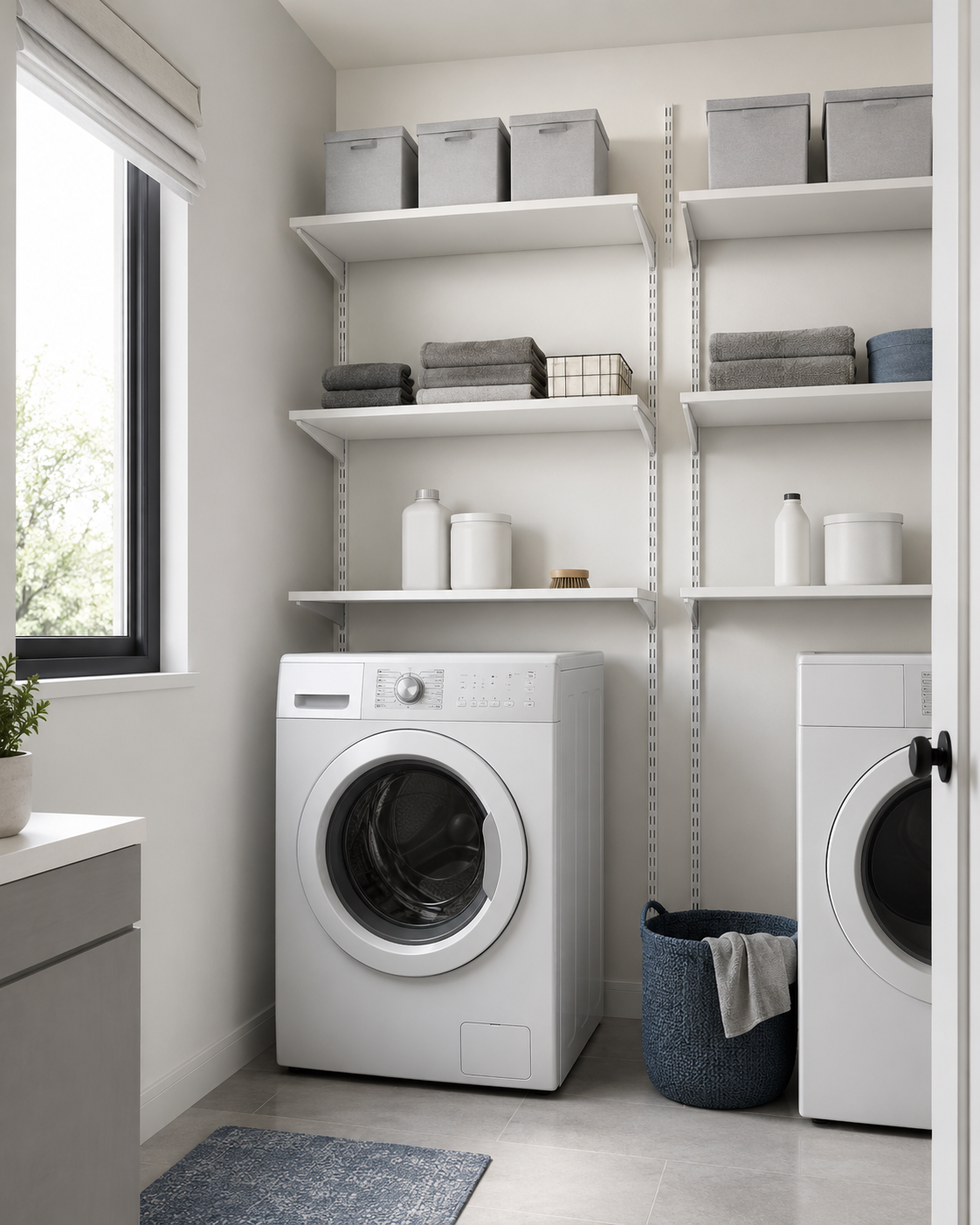 Adjustable vertical laundry shelving with lower daily storage and higher reserve bins.